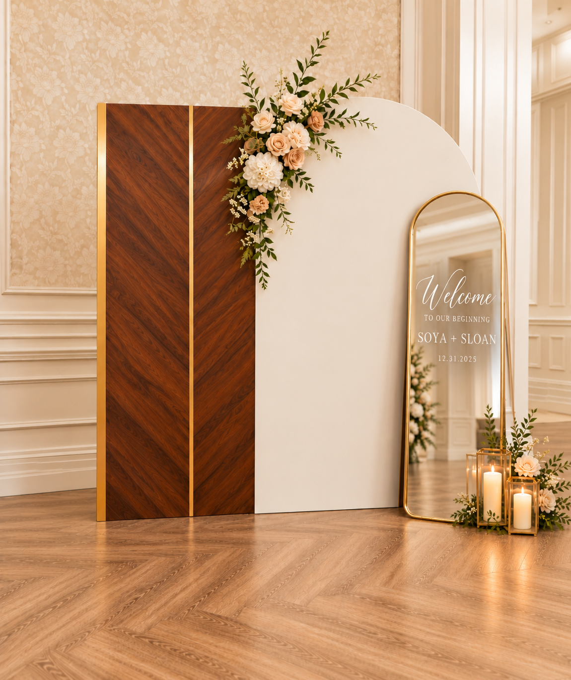 Walnut chevron event backdrop paired with ivory arch and soft floral styling