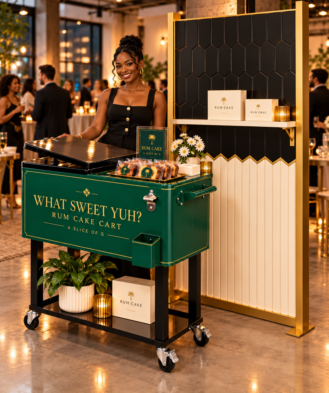 A Slice of G emerald-and-gold rum cake cart event photo