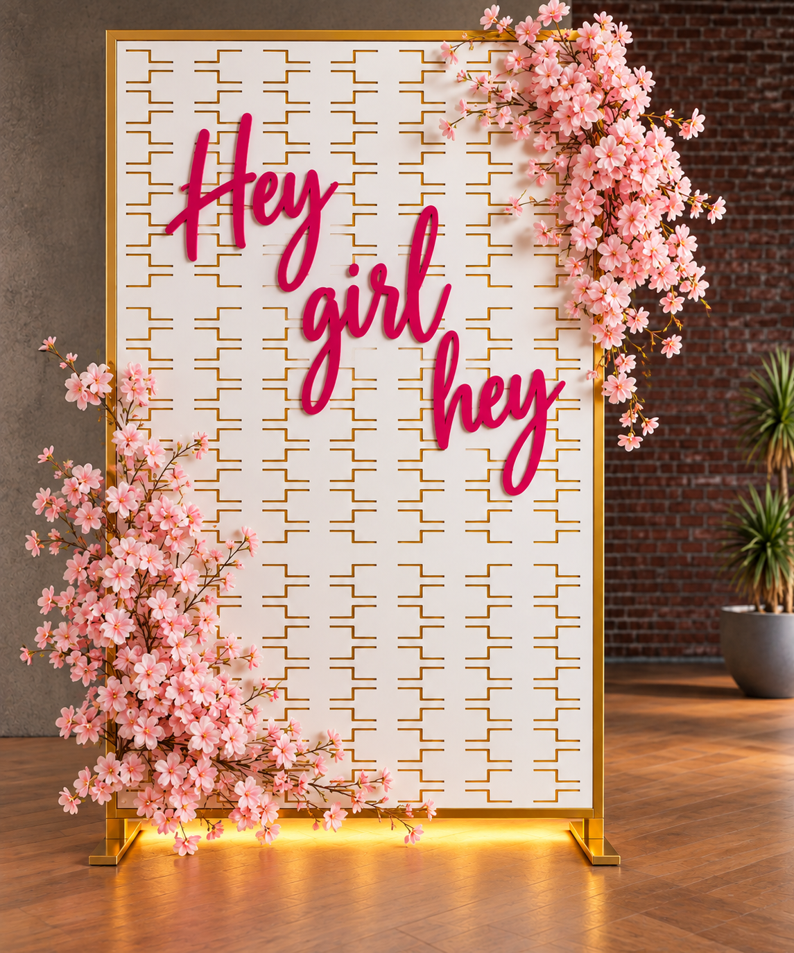 White geometric photo wall with custom hot pink Hey Girl Hey lettering and floral styling
